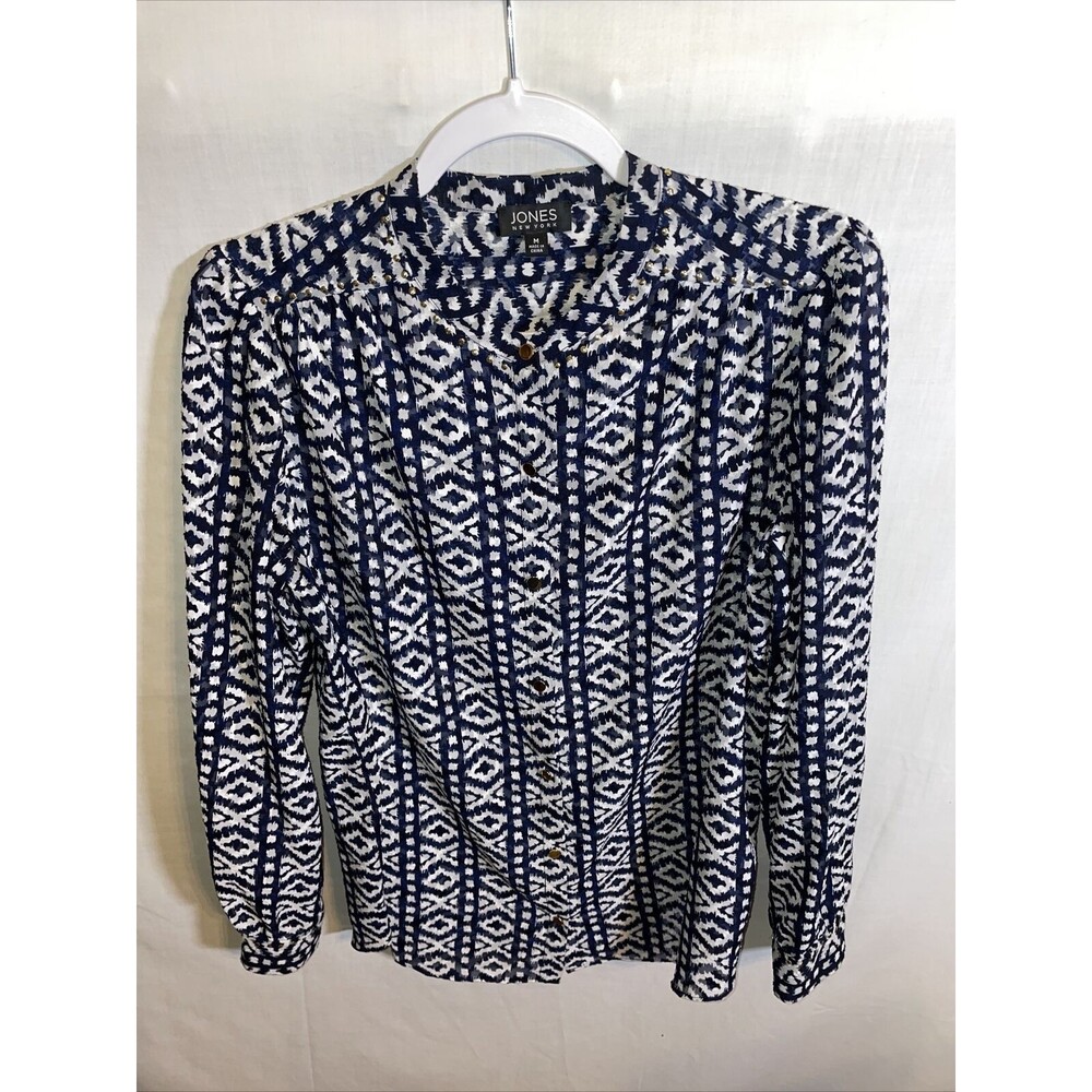Jones New York Dress Blouse Womens Size Medium Blue Geometric Long Slv Button Up